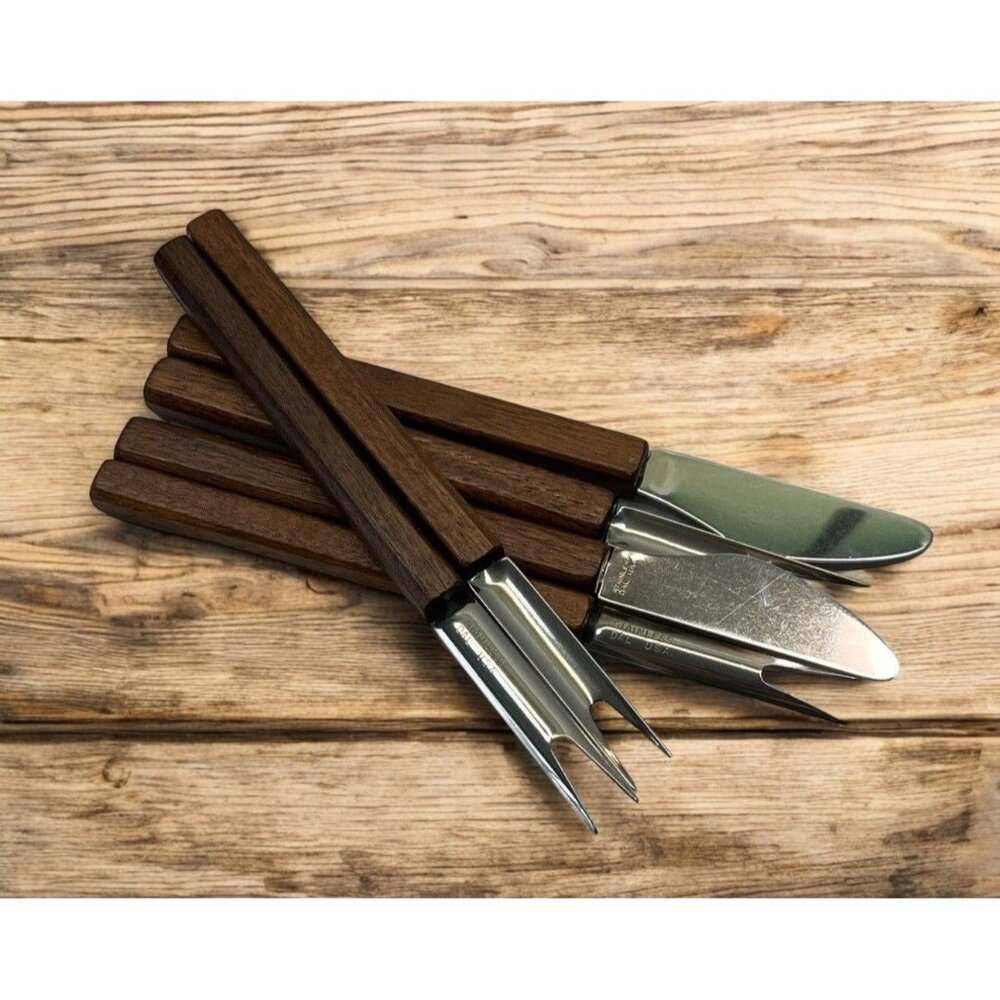 Vintage Cocktail Forks and Spreader Knives MCM Dal Stainless Steel Wood Handles